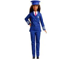 Barbie Métiers poupée pilote brune portant un uniforme et une casquette de Pilote, jouet pour enfant, GFX25