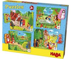 Haba 304701 Puzzle Pays des Contes de fées, 4 x 15 pièces, Puzzle à partir de 3 Ans avec Figurines en Bois, Chaperon Rouge, Raiponce, Suspension et Grenouille, Blanche-Neige