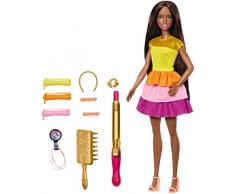 Barbie Coffret poupée Cheveux Bouclés Brune, 2 Modes pour Boucles les Cheveux sans Chaleur, Accessoires de Coiffure inclus, Jouet pour Enfant, GBK25
