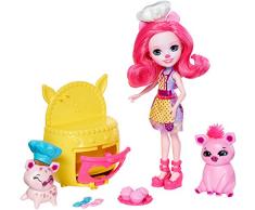 Enchantimals Coffret Cuisine, Mini-poupée Petya Truie et Figurines Animales Streusel et Nisha avec four jaune et accessoires, jouet enfant, FJJ28