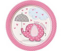 Unique Party - 41654 - Paquet de 8 Assiettes en Carton - Baby Shower Éléphant - Rose - 17.1 Cm