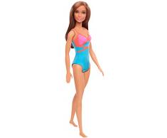 Barbie Plage poupée aux cheveux châtains en maillot de bain une pièce rose et bleu géométrique, jouet pour enfant, GHW40
