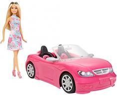 Barbie Voiture Cabriolet Rose, décapotable avec deux sièges noirs, ceintures et rétroviseurs argentés, poupée incluse, jouet pour enfant, FPR57