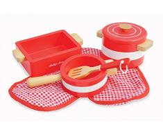 Indigo Jamm Pots n Poêles, Pretend Play rétro Cuisine avec Ensemble de 5 pièces en Bois et Tissu Gants de Cuisine – Rouge