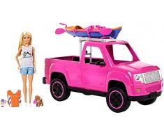Barbie Voiture Camping Fun Coffret véhicule pick-up rose avec poupée, kayak, chiot et accessoires, jouet pour enfant, FNY40