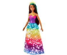 Barbie Dreamtopia poupée princesse brune avec mèche bleue, jupe arc-en-ciel et diadème, jouet pour enfant, GJK14