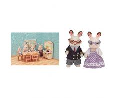 SYLVANIAN FAMILIES-La Salle à Manger Mobilier Mini-Univers, 5340, Multicolore & Les Grands-Parents Lapin Chocolat Families Mini-poupées et Figurines, 5190, Multicolore, Norme