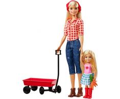 Barbie Famille coffret poupée et mini-poupée Chelsea à la ferme, fermières avec chariot rouge et carottes, jouet pour enfant, GCK84