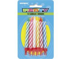 Unique Party - 1940 - Assortiment de 12 Bougies dAnniversaire à Rayures dans Bougeoirs