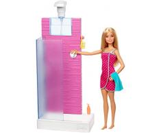 Barbie Mobilier coffret dintérieur poupée et cabine de douche Fonctionnelle avec 3 accessoires de bain, jouet pour enfant, FXG51