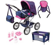Bayer Design 15054AB Landau Poupée Grande avec lit de voyage, porte poupée, accessoires plastique poupée, licorne, bleu, rose