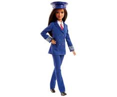 Barbie Métiers poupée pilote davion brune avec chapeau et uniforme bleu marine, jouet pour enfant, FJB10