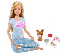 Barbie Bien-être coffret Méditation avec poupée blonde avec exercices de méditation, figurine chiot et accessoires, jouet pour enfant, GNK01