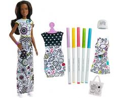 Barbie Fashionistas poupée Crayola Style Coloriage brune avec cinq feutres de couleurs et trois tenues à colorier, jouet pour enfant, FPH91