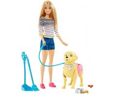 Barbie Famille poupée Balade du Chien avec figurine articulée pouvant faire ses besoins, laisse et accessoires, jouet pour enfant, DWJ68