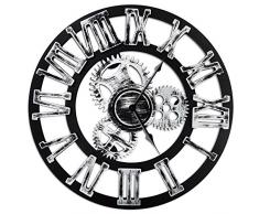 Top Race Horloge murale ronde de 16 pouces, conception dengrenages vintage en bois faite à la main dépoque, par Chevy K. (argent avec chiffres romains)