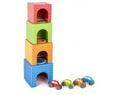 Small Foot- Cubes à empiler Véhicules, Jouet de motricité avec 4 Voitures différentes en Bois, 11083, Multicolore - Version Allemande