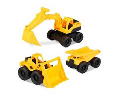 Relaxdays 10023916 Lot de 3 jouets de construction avec pelleteuse frontale et camion pour bac à sable et chambre denfant en plastique Jaune