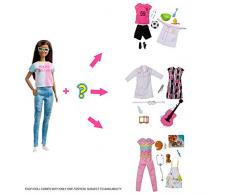 Barbie Métiers Surprise Poupée Brune avec Tee-shirt Coloré et Jeans Bleu, inclus Une Tenue et des Accessoires Surprises, Jouet pour Enfant, Gfx86