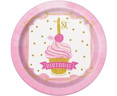 Unique Party - 58154 - Assiettes en Carton - 18 cm - 1ère Fête d’Anniversaire à thème Rose et Or - Paquet de 8