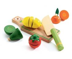 Djeco DJ06526 Planche à découper en Bois avec Couteau, Fruits et légumes Multicolore