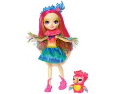 Enchantimals Mini-poupée Peeki Perroquet et Figurine Animale Sheeny, aux cheveux roses fuchsia avec jupe à motifs en tissu, jouet enfant, FJJ21