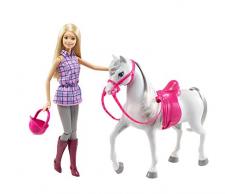 Barbie Famille poupée aux genoux articulés et son Cheval blanc avec crinière et queue grise, jouet pour enfant, DHB68