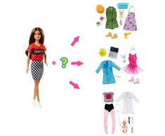 Barbie Métiers Surprise poupée aux cheveux châtains avec tee-shirt, jupe à carreaux et 8 élements pour composer 2 tenues, jouet pour enfant, GLH64