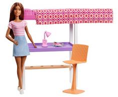 Barbie Mobilier coffret dintérieur poupée et lit superposé transformable, accessoires de bureau inclus, jouet pour enfant, FXG52