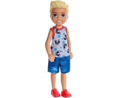 Barbie Famille mini-poupée Chelsea garçon blond, haut motif chien et bermuda en jean, jouet pour enfant, FXG80
