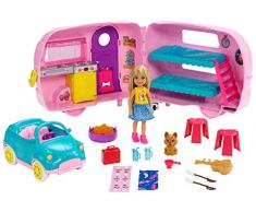 Barbie Famille Coffret mini-poupée Chelsea avec sa voiture et sa caravane, figurine chiot et accessoires, jouet pour enfant, FXG90
