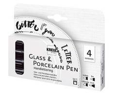 KREUL 16480 Glass et Porcelain Pen, Brillante Verre et Porcelaine, 4 stylos noirs avec différentes pointes et épaisseurs de trait - Version Allemande