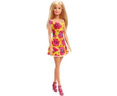 Barbie poupée blonde avec robe jaune et rose à fleurs avec talons hauts roses, jouet pour enfant, GBK93