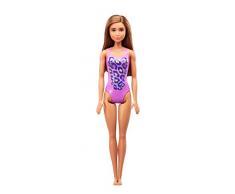 Barbie Plage poupée aux cheveux châtains en maillot de bain une pièce mauve, jouet pour enfant, FJD98