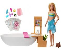 Barbie Bien-être coffret Bain Coloré avec poupée blonde, baignoire, figurine chiot et accessoires, jouet pour enfant, GJN32