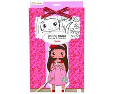 Avenue Mandarine PP008O - Une boite Poupée à peindre comprenant une poupée 13x4x28 cm, un pinceau, un ruban, une planche adhésive en tissu et 6 pots de peinture, Lina