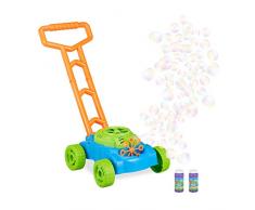 Relaxdays Tondeuse à gazon à bulles machine à bulles de savon jouet enfant jeux à piles, bleu-vert