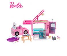 Barbie Mobilier Camping-Car de Rêve 3-en-1 pour poupées, véhicule transformable avec piscine, pick-up, bateau et 50 accessoires, jouet pour enfant, GHL93