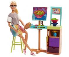 Barbie Métiers Studio Artistique de poupée avec pupitre, tableau, étagère, accessoires de peinture et chaise haute, jouet pour enfant, FJB26