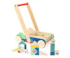 Small Foot- Chariot de Marche Move it, en Bois, avec 27 Blocs de Construction imprimés, pour Les Premiers Jouets, 11435, Multicolore