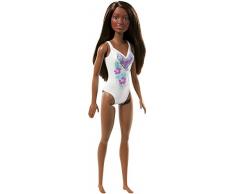 Barbie Plage poupée brune en maillot de bain une pièce blanc, jouet pour enfant, FJD99