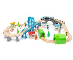 Small Foot 11492 ferroviaire en Bois, avec Pont Suspendu et Tunnels, Univers de Jeu sur Deux Niveaux Jouets, Multicolore