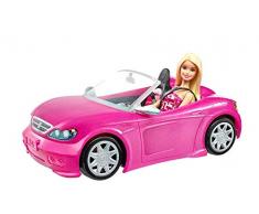 Barbie Voiture Cabriolet Rose décapotable avec deux sièges noirs et ceintures, poupée à robe graphique incluse, jouet pour enfant, DJR55