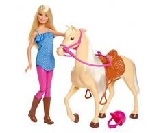Barbie et son cheval, poupée blonde en tenue déquitation avec genoux articulés, jouet pour enfant, FXH13