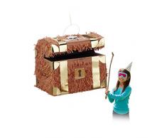 Relaxdays- Pinata Coffre au trésor à Suspendre pour Enfants à remplir Anniversaire Jeux, Marron, 27 x 30 x 23 cm
