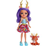 Enchantimals Mini-poupée Danessa Biche et Figurine Animale Sprint aux Longs Cheveux Violets Bouclés, Jupe Amovible et Faux Col, Jouet pour Enfant, FXM75