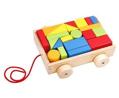 Tooky Toy - TKB369 - Jouet de Bois - la Voiture - après Coup Tirer - avec 21 Bloc de Bois - en différentes Formes et couleures - Plaisir Garanti - 22 x 19 x 7 cm