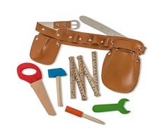 Dress Up America Ensemble de ceinture doutil de construction avec cinq outils en bois Grand pour lensemble de jeu de sembler comprenantHammer, règle se pliante, tournevis à tête plate, clé, scie à main et ceinture doutil