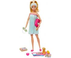 Barbie Bien-être coffret Spécial Spa avec poupée blonde, figurine chiot et 9 accessoires, jouet pour enfant, GJG55