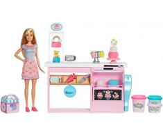 Barbie Métiers Coffret poupée blonde et sa Pâtisserie de décoration de gâteaux, trois pots de pâte à modeler et acessoires, jouet pour enfant, GFP59